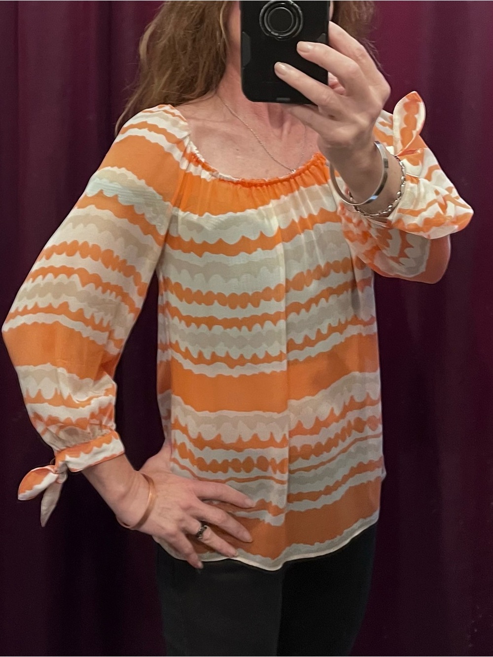 Trina Turk Orange and Cream Striped Peasant Top